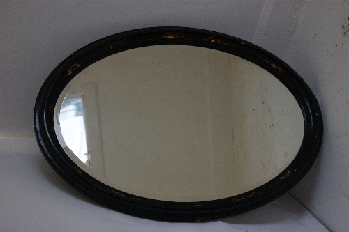 19th Century Japanned oval mirror with handpainted Oriental motifs  - black lacquer frame and