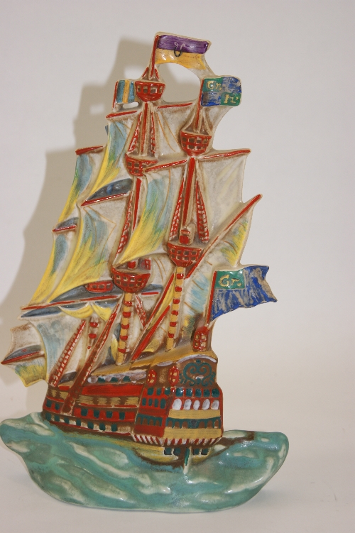 Art Deco Czech handpainted pottery wall plaque as a Galleon at sail - marked Ditmar Urbach to