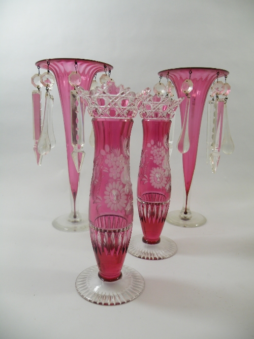 Pair of  cranberry glass trumpet shape vases with 8 cut glass lustre droplets 28cm tall - together