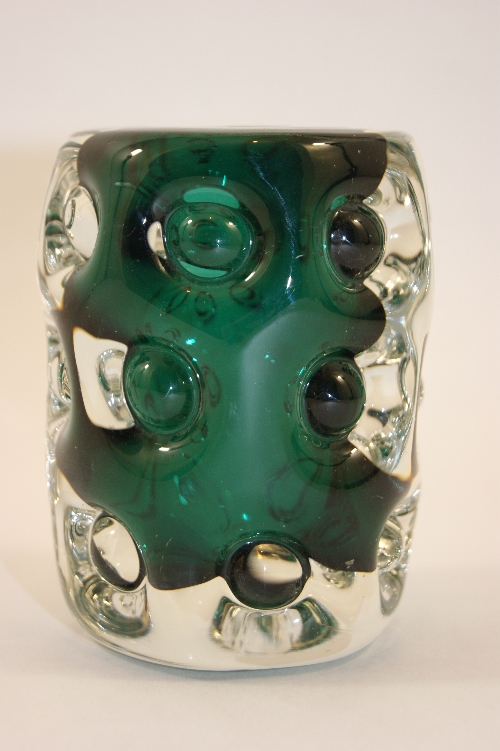 1970`s Liskeard Studio glass vase  of green encased clear glass vase with indented pattern -