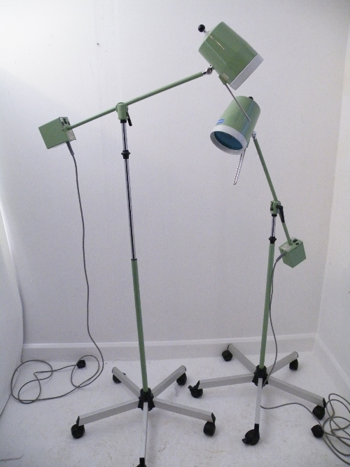 Retro/industrial: Pair of 20th C German anglepoise floor lamps with sage enamel finish, height