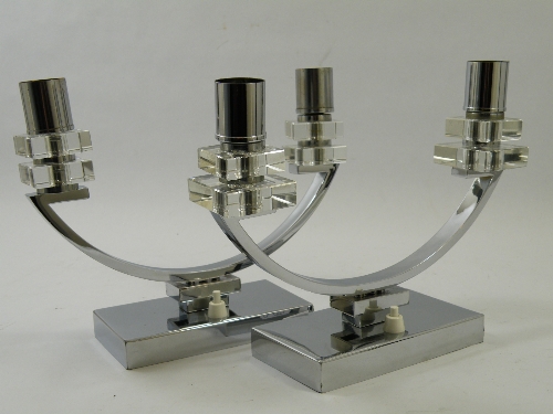 A pair of two branch French Art Deco modernist table lamps.  the chrome lamps with square glass