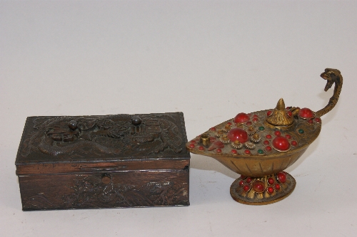 Oriental metal box with cedar wood lining  - the exterior with silvered relief decoration of dragons