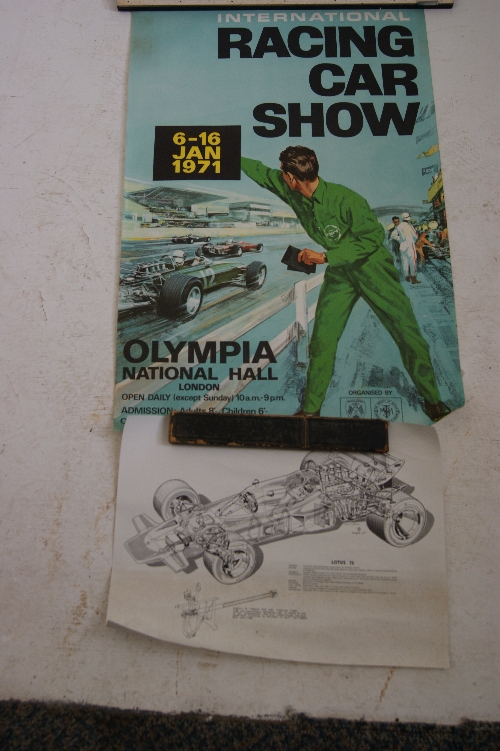 A poster advertising the 1971 International Racing Car Show Olympia together with a Lotus 72 car