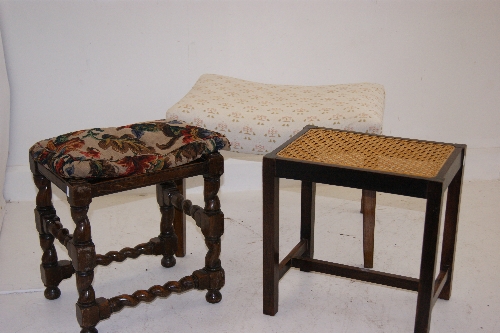 Two canework topped bedroom stools & other with barley twist legs