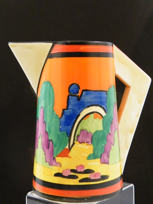 Clarice Cliff - conical jug in Applique Avignon pattern - with Bizarre mark and handpainted Applique