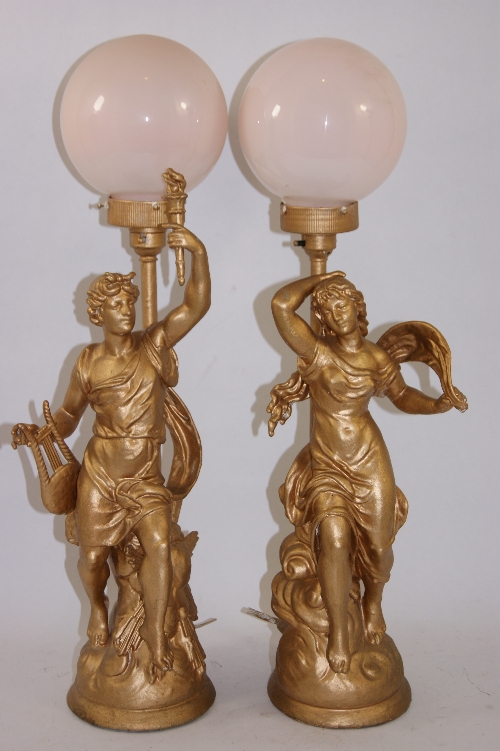 Pair of early 20th French Century spelter table lamps with milk glass globe shades- the figures with