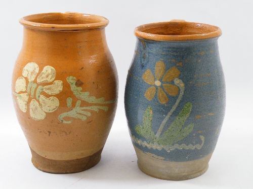 Two late 19th C French glazed terracotta savoie confit pitchers with stylised floral decoration 20cm