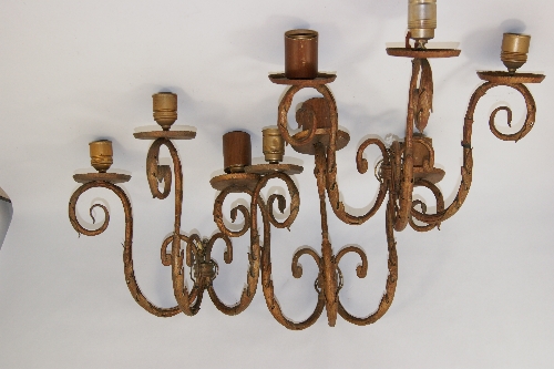 Interior design: 3 early 20th Century wrought metal continental wall light sconces, each with 3