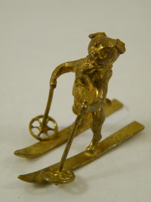 Miniature Vienna gilt bronze skiing Pug dog marked FBW to one ski 32mm tall