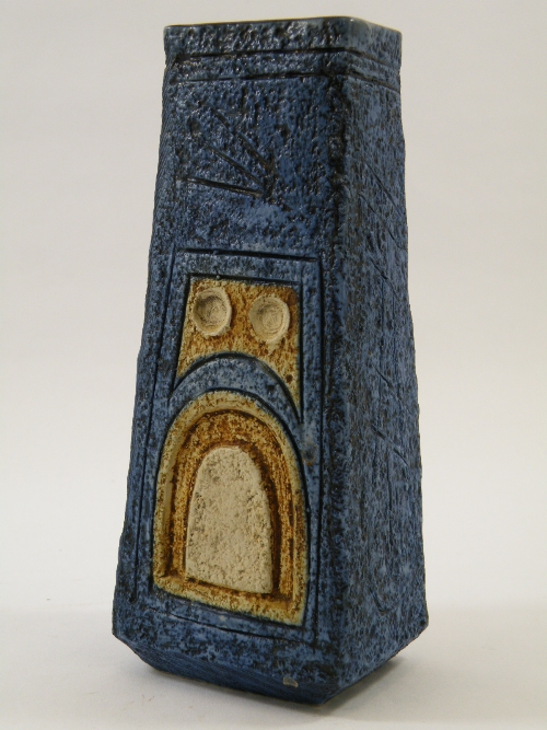 A Troika coffin vase with blue body and incised decoration - with AB painter`s monogram possibly