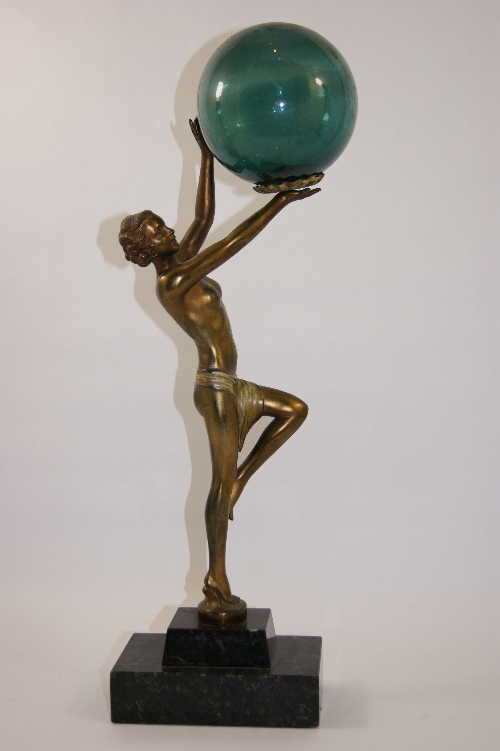 Original Art Deco spelter figure in the style of Joseph Lorenzl: a draped nude on tiptoes supporting