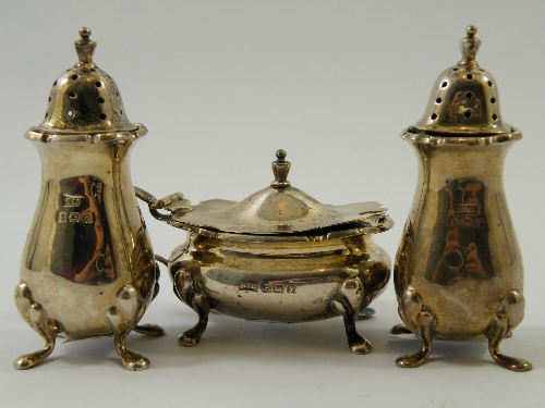 Three piece silver table  cruet on four feet- hallmarks for Birmingham 1923/4 - 107g exc. liners