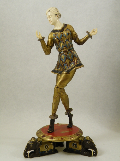 Art Deco cold painted, gilt bronze and carved ivory exotic dancing lady circa 1925 cast in a dancing