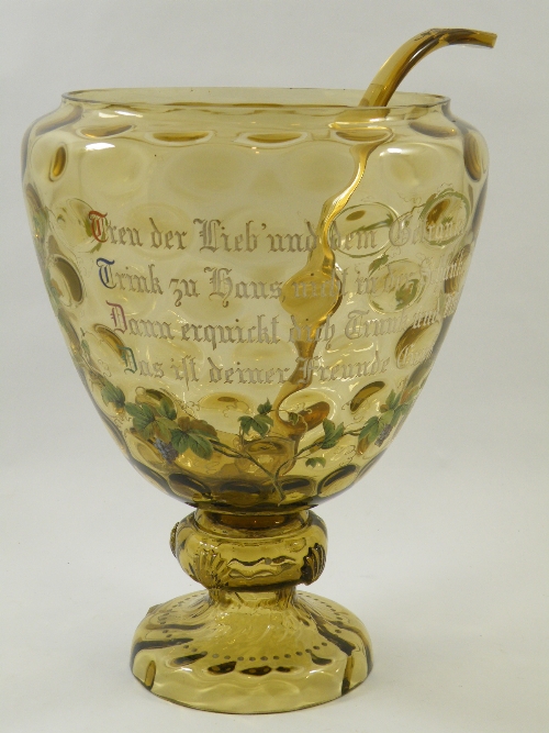 Large German Historismus enamel glass punch bowl on pedestal base with applied  shell motifs and