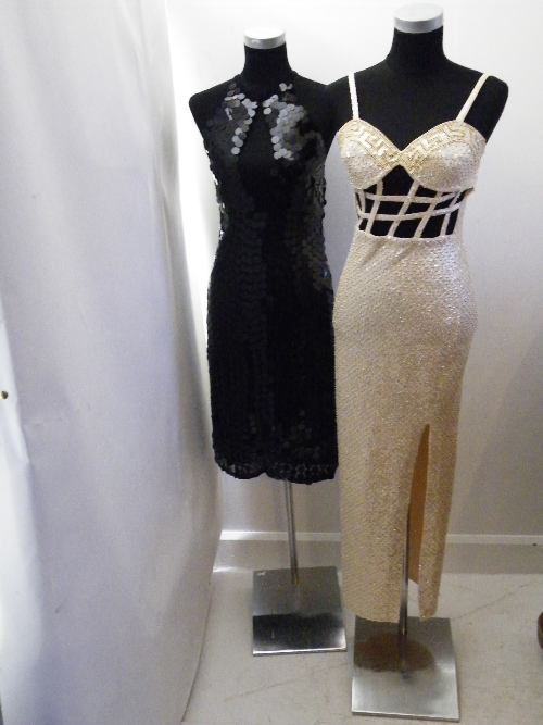 Vintage Clothing: Two vintage sequin dresses, one cream dress with gold coloured sequin`s &