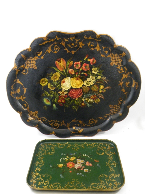 Victorian hand painted and parcel gilt black papier mache tray, circa 1860, decorated centrally