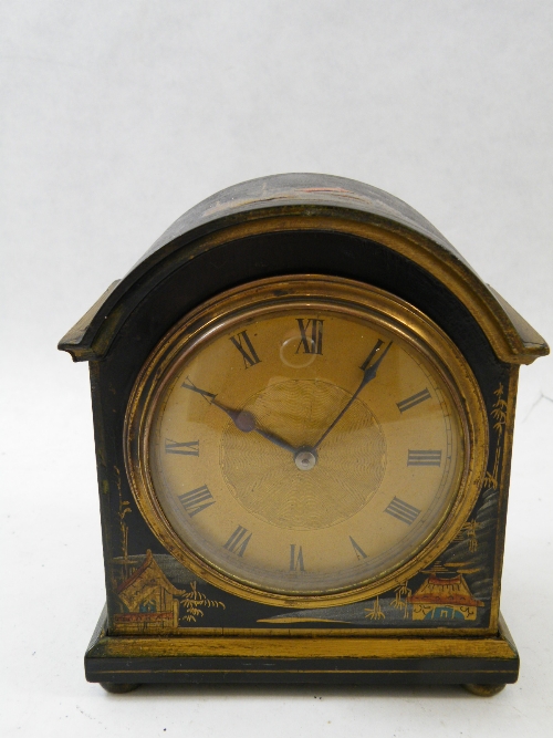 Early 20th C French mantle clock with brass engine turned dial and Chinoiserie decorated case on