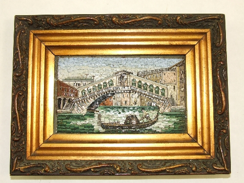 A micro mosaic of a Venice scene - the Ponte Vecchio in gilt frame. 22cm x 16cm