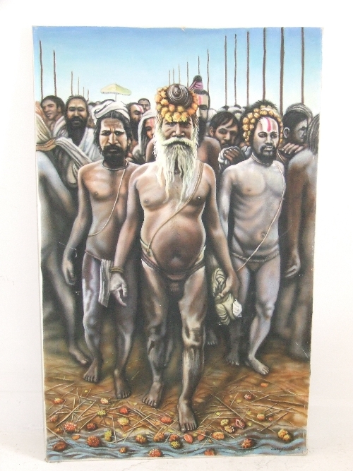 Darryl Walker (b.1950 -) Oil on canvas over board depicting tribal elder and males - 123cm x 77cm