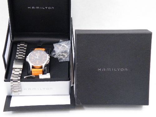 Hamilton Khaki Air Race GMT  automatic Swiss watch with internal bezel, orange numerals and orange