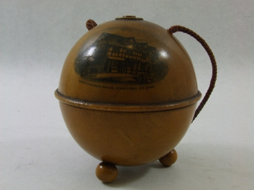 Mauchline ware treen pomander with printed Shakespeare`s House, Stratford on Avon scene to front