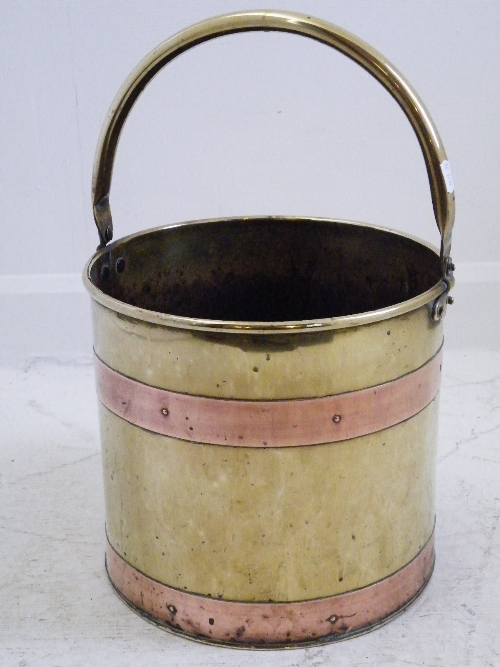 19th Century brass and copper bound coal bucket with loop handle