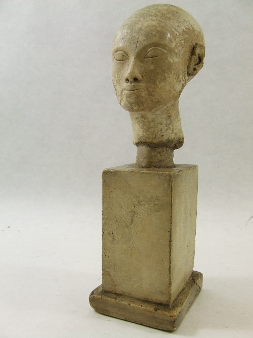 French museum casting of ancient Egyptian bust on plinth - plaster with patina - with medallion to