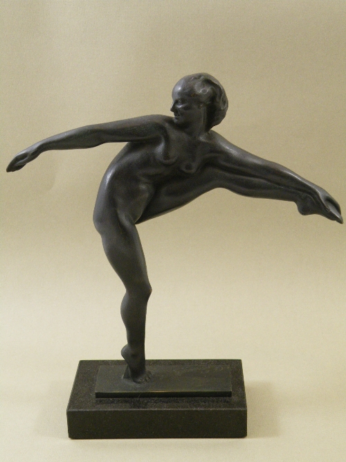 Art Deco style figure of nude form  with dark green patina - signed in the bronze socle A