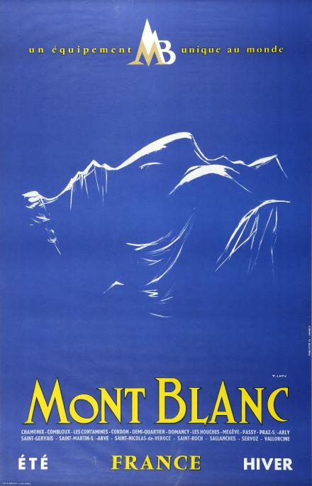 Art Deco style - mid century Chamonix, Mont Blanc Ski Poster - in blue and gold inks -  signed in