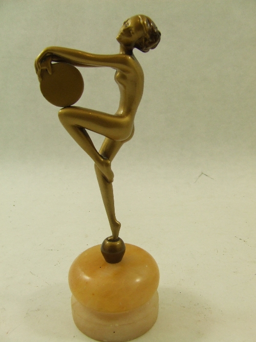 Art Deco spelter nude figure in the manner of Josef Lorenzl (unsigned)   with golden cold painted