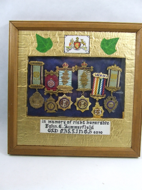 Six framed RAOB Royal Antediluvian Order of the Buffaloes medals - two silver gilt, four base metal.