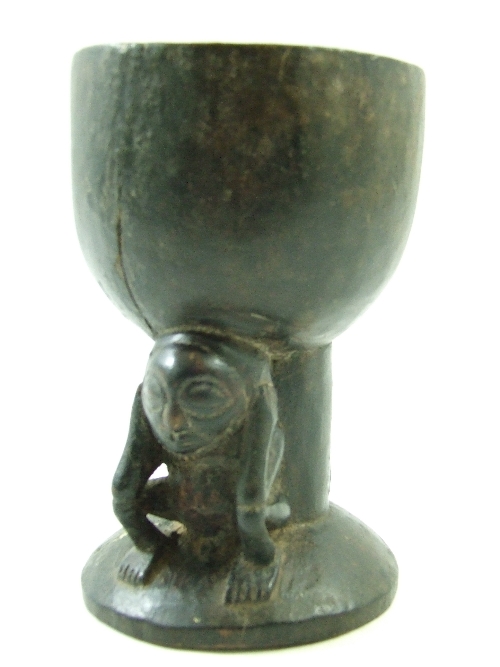 Tribal: Unusual carved wooden tribal libation cup /goblet with a carved figure crouching down