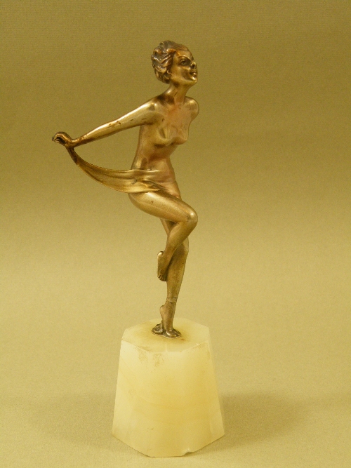 Austrian Art Deco bronze figure attrib. Josef Lorenzl - naked lady with drape - windswept on facet