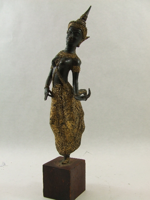 Indo - Chinese bronze figure with gilded decoration on plinth - possibly late 19th /early 20th C