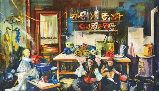 Marosán Gyula (1915-2003) Mask painters Oil on canvas 65x109,5 cm Signed bottom right: Marosán