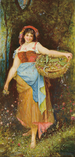 Hans Zatzka (1859- 1945) Girl scaterring flowers Oil on wood 31,5x16 cm Signed bottom left: H.