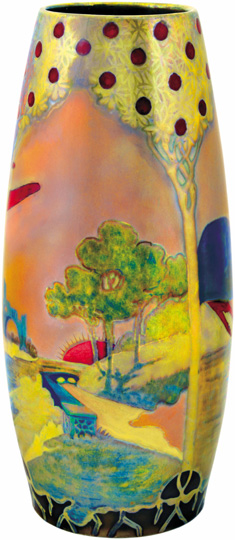 Zsolnay Panoramic vase with a romantic landscape Zsolnay, 1899 Form number: 5282 Height: 28 cm