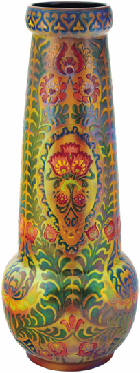 Zsolnay Vase with Hungarian folklore motifs Zsolnay, c. 1906 Form number: 7879 Height: 43 cm