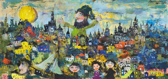 Bornemisza László (1910-1995) Fairy-tale town with a magician, 1969 Oil on canvas 40x80 cm Signed