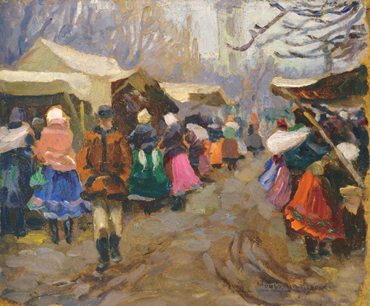 Mousson Tivadar (1887-1946) Cloth market in November Oil on cardboard 18x22 cm Signed bottom