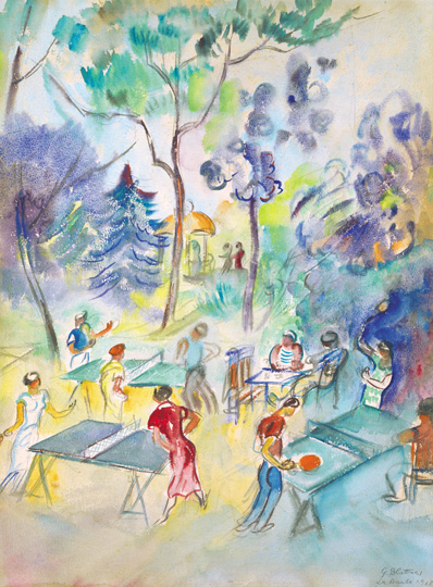 Blattner Géza (1893-1967) Table tennis outdoors, 1935 Aquarelle on paper 64,5x50 cm Signed bottom