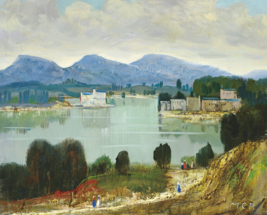 Molnár C. Pál (1894-1981) Lakeside villas Oil on wood-fibre 58x68 cm Signed bottom right: MCP