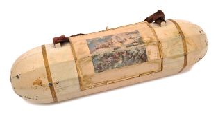 A tinplate cylindrical child’s ‘packed-lunch’ container. Shaped like a drop tank, 37cm long, painted