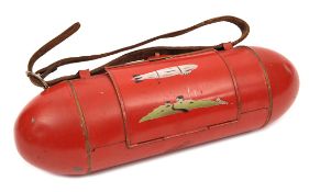 A tinplate cylindrical child’s ‘packed-lunch’ container. Shaped like a drop tank, 31cm long, painted