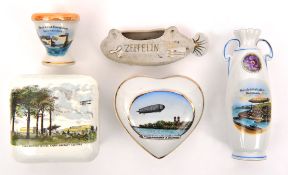 5 pieces of souvenir china. A small china trinket box in white with printed picture to lid ‘