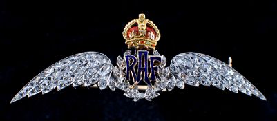 A fine Royal Air Force wings brooch, white and yellow gold, in relief with King’s crown with red and