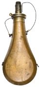 A large plain copper powder flask, “Improved Patent” brass top by “James Dixon & Sons, Sheffield”,