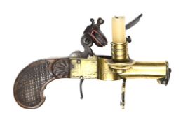 A good early 19th century French flintlock tinderlighter, 7¼” overall, brass frame engraved on one
