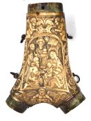 A 17th century German staghorn powder flask, the front well carved in high relief depicting the